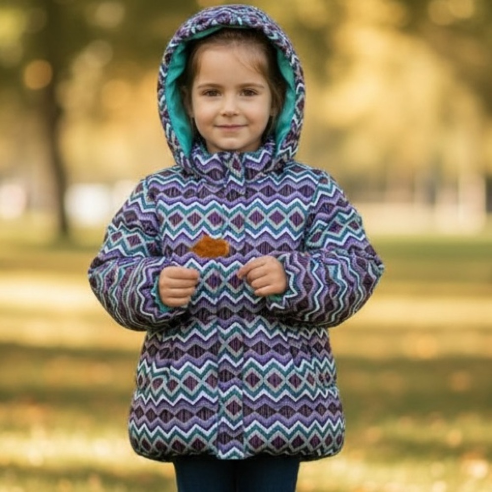 (NWT) Okie Dokie Girl’s Hooded Puffer in Multi Chevron Pattern, Size: 6X